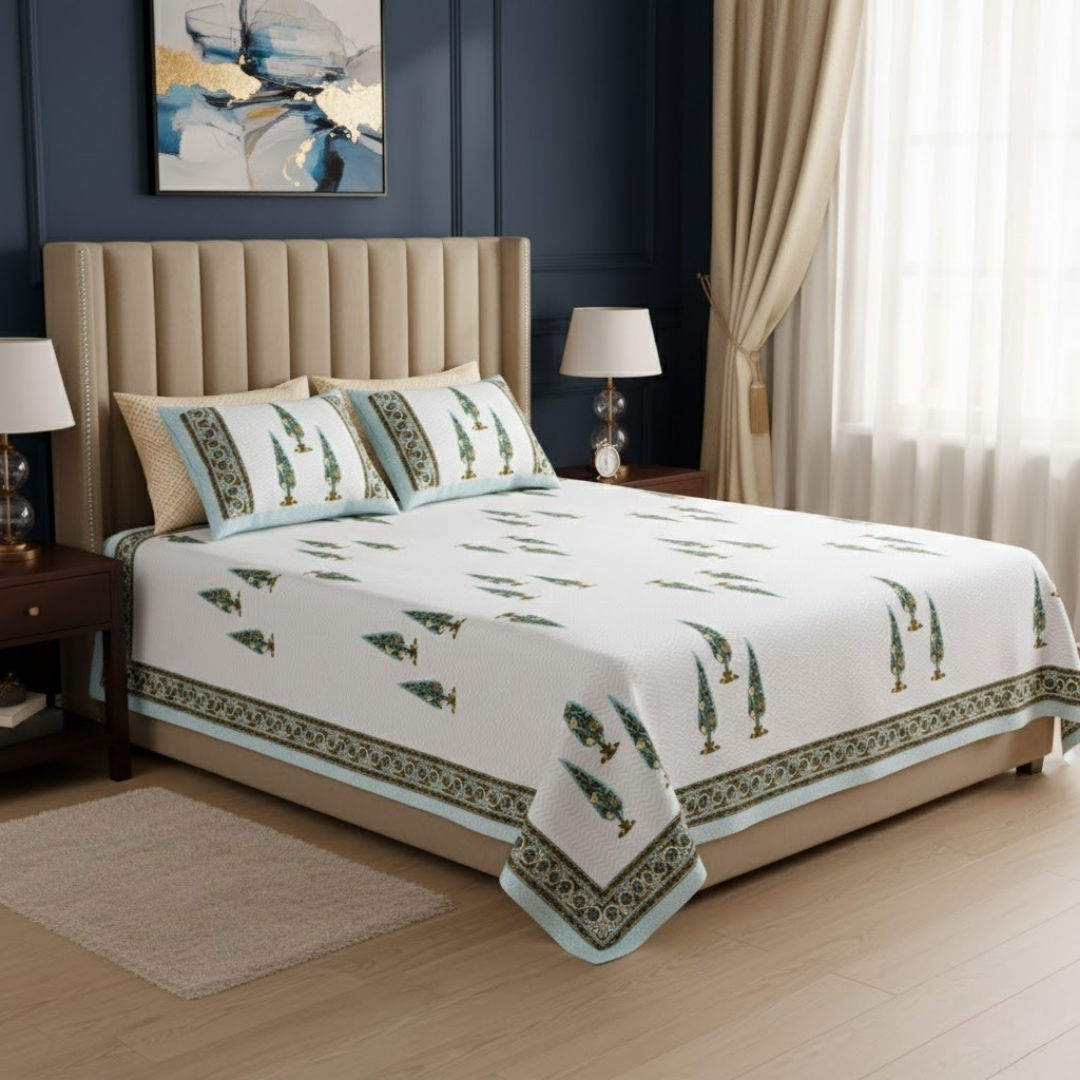 Elemental Elegance Green Block Print Pure Cotton Double Bedsheet
